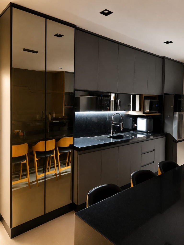 Cozinha planejada preta com portas espelhadas bronze e ilumina&ccedil;&atilde;o LED