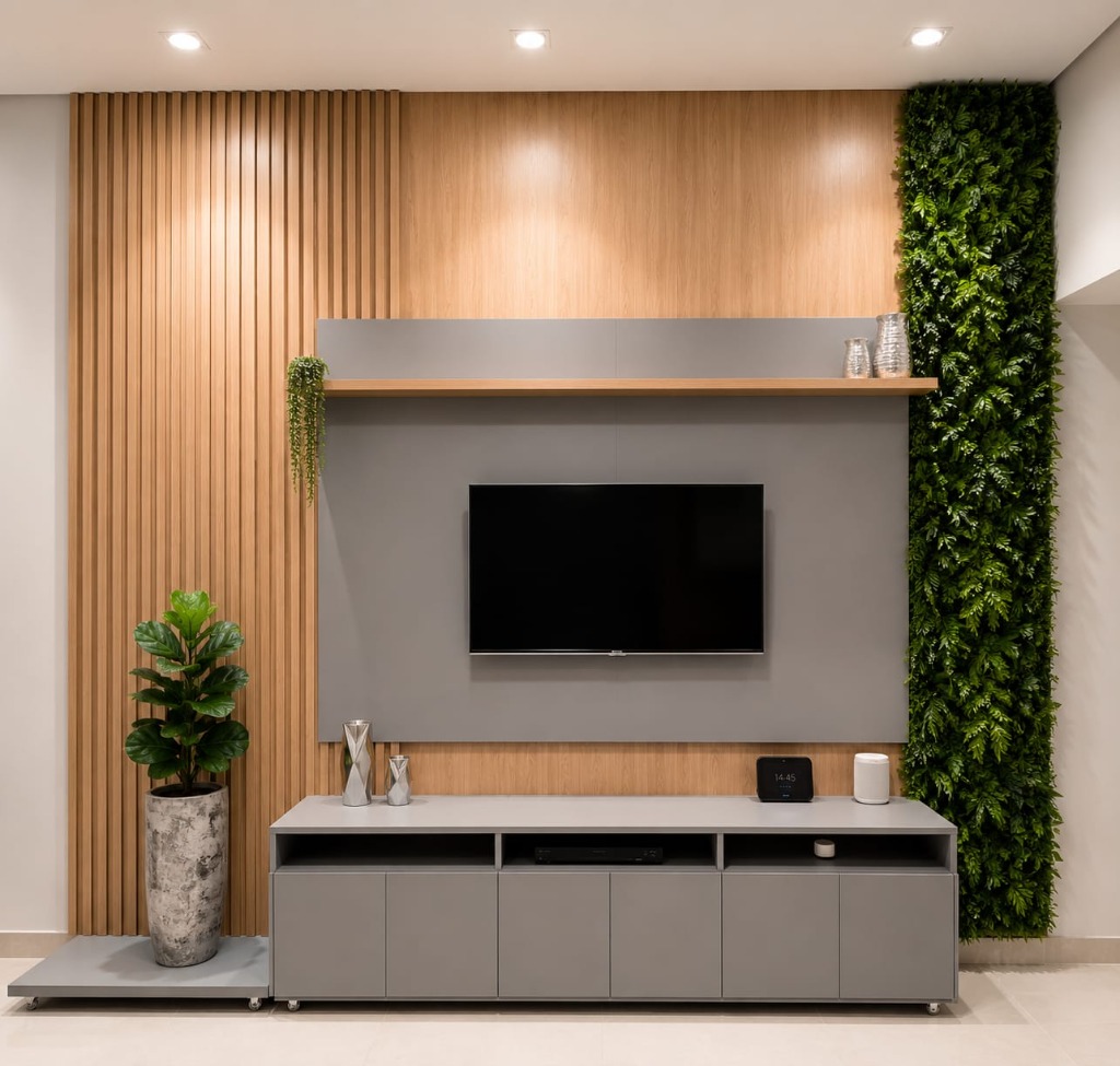 Painel de TV cinza com rack sob medida, painel ripado em madeira e jardim vertical