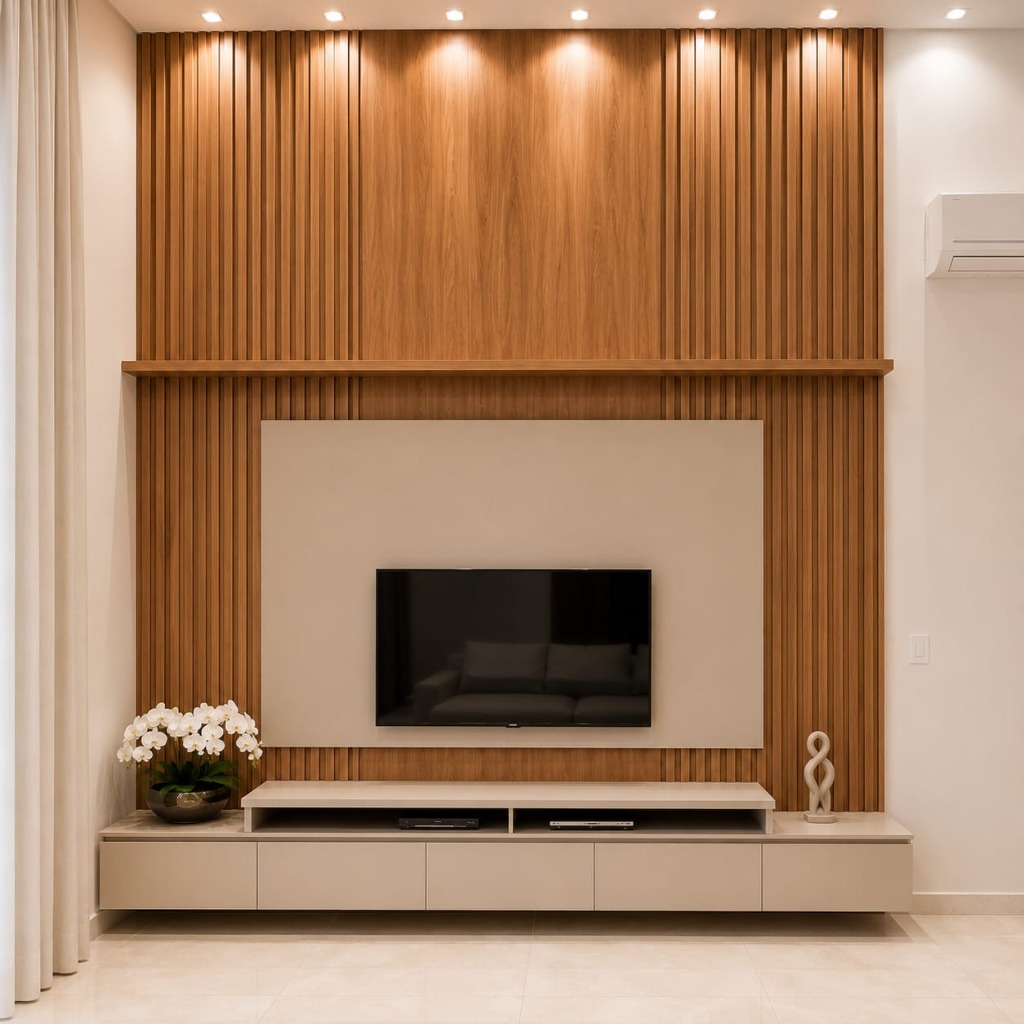 Painel de TV ripado em madeira natural com rack bege e ilumina&ccedil;&atilde;o embutida